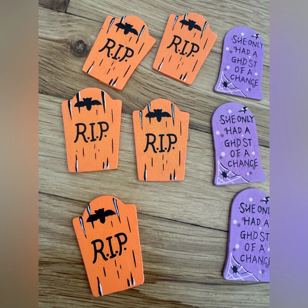 Set of 16 Halloween Wood Purple Green Orange Tombstone RIP Craft Decor Picks